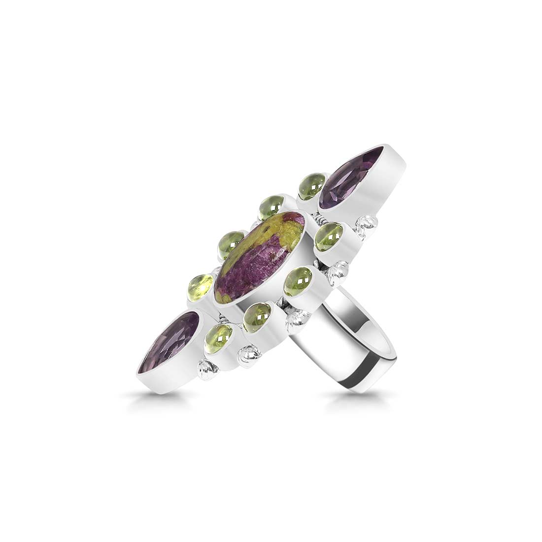 Stichtite, Peridot And Amethyst Flower Adjustable Ring-(SCT-FLR-5.)